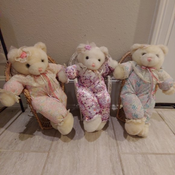Vintage Teddy Bear Plush Dolls in Basket Chairs Lot of 3 MTY International - Picture 4 of 8